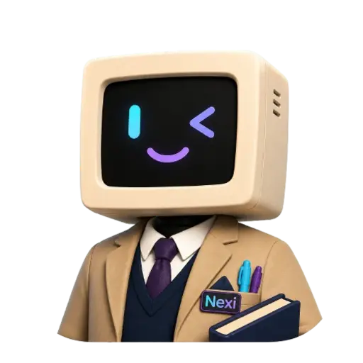 Nexi, je leraar: een vriendelijk personage met een crèmekleurig retromonitorhoofd en een lerarenblazer, die zwaait